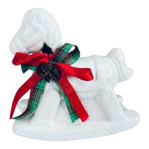 VTG Flambro White Ceramic ROCKING HORSE Porcelain Christmas Figurine In Box